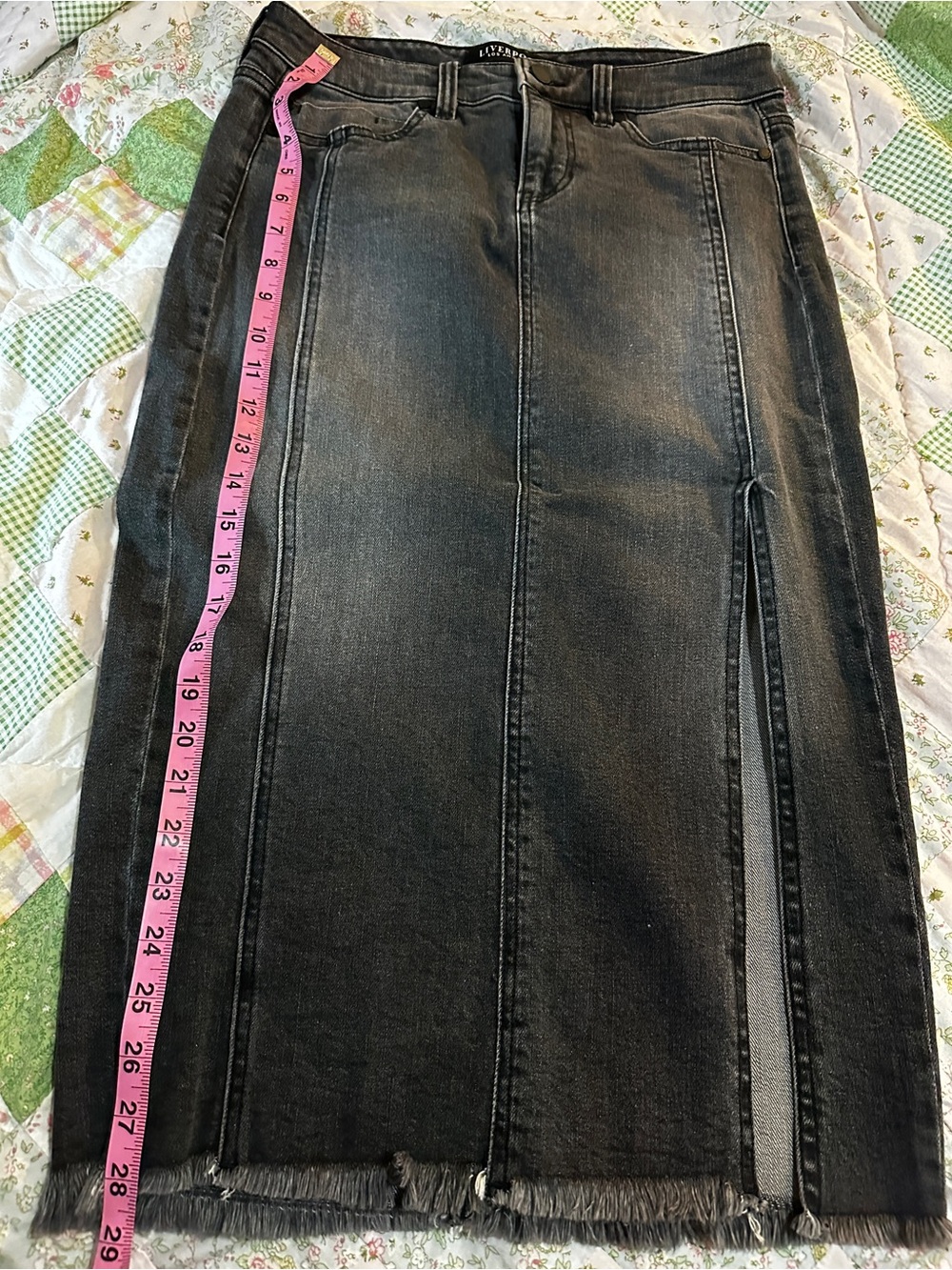 Liverpool Black Denim Midi Skirt with Front Slit